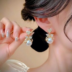 Sweetheart Pearl Bow Stud Earrings