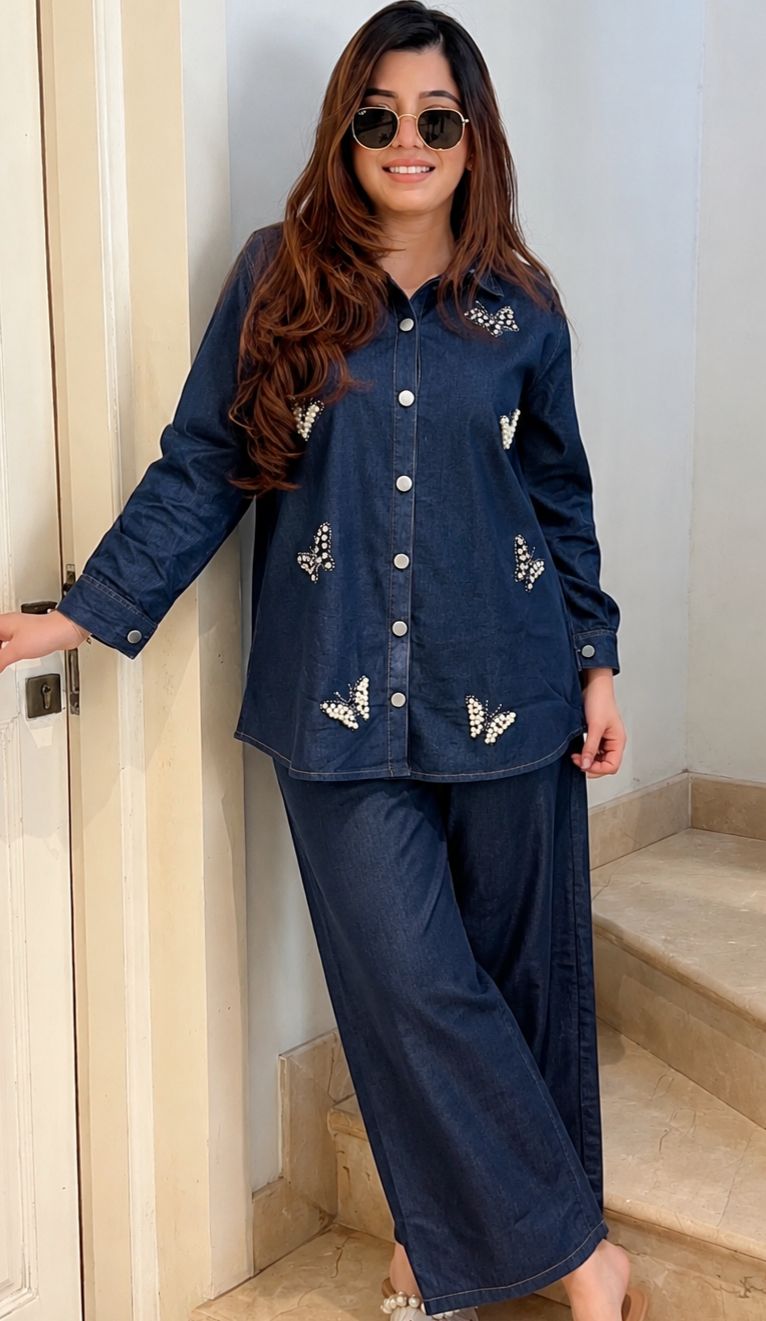 Pearl Butterfly kissed Denim Co-ord set