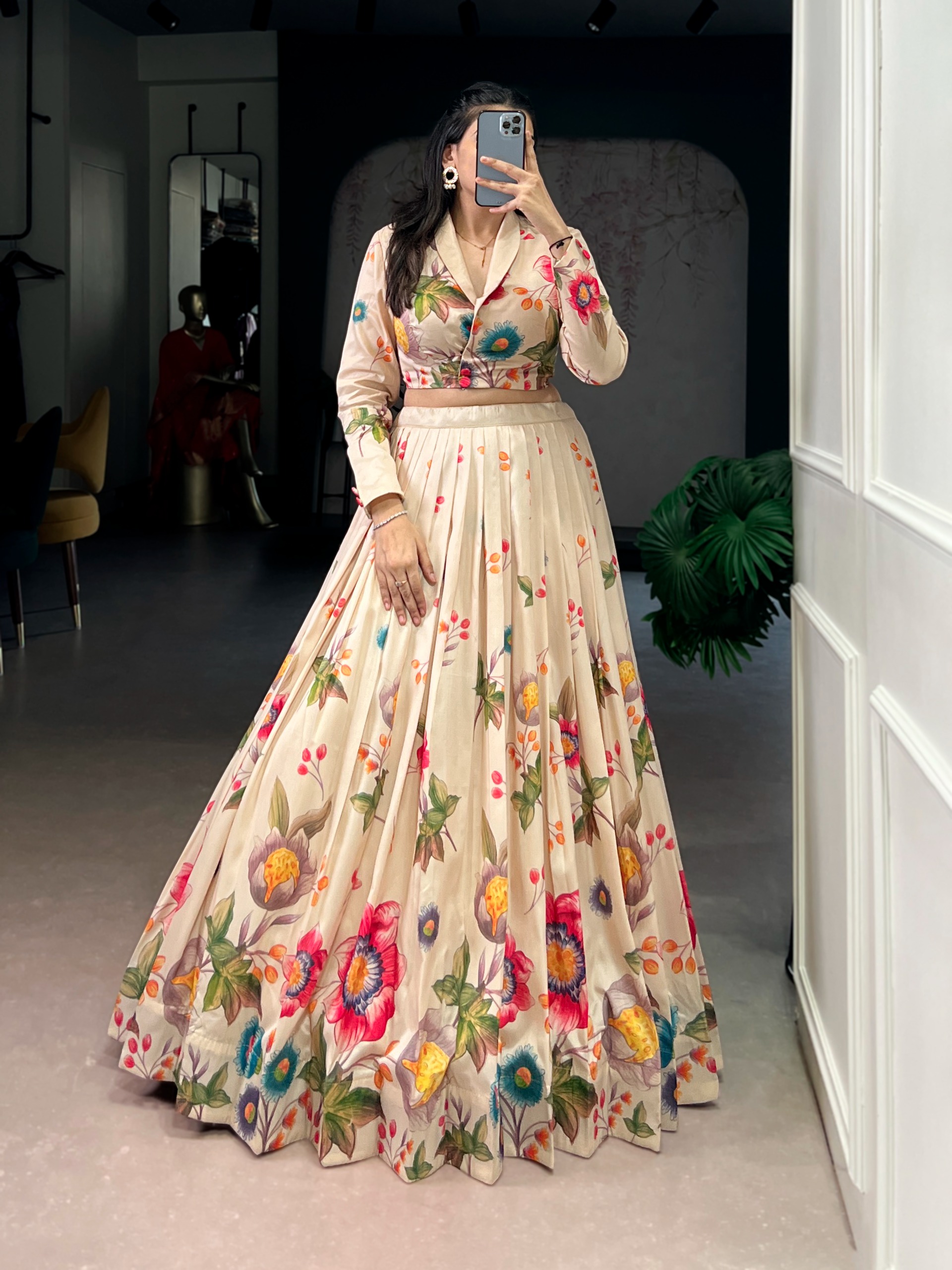 Off White Short Crop top Lehenga