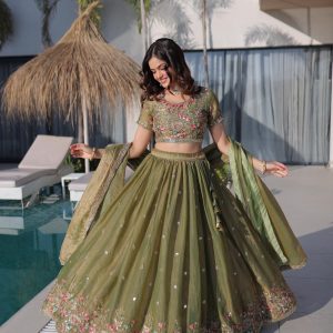 Olive Green Floral Embroidered Lehenga Set