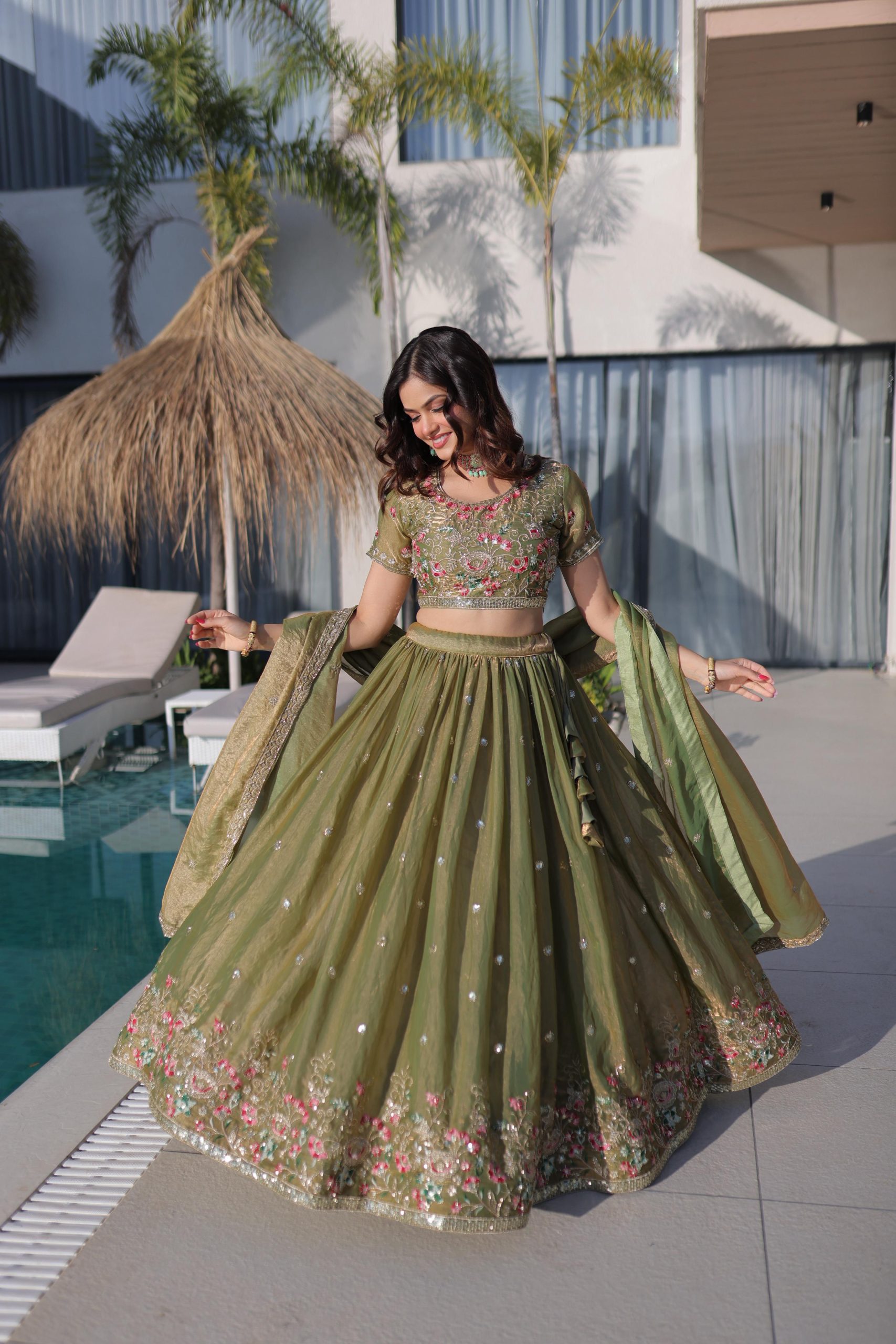 Olive Green Floral Embroidered Lehenga Set