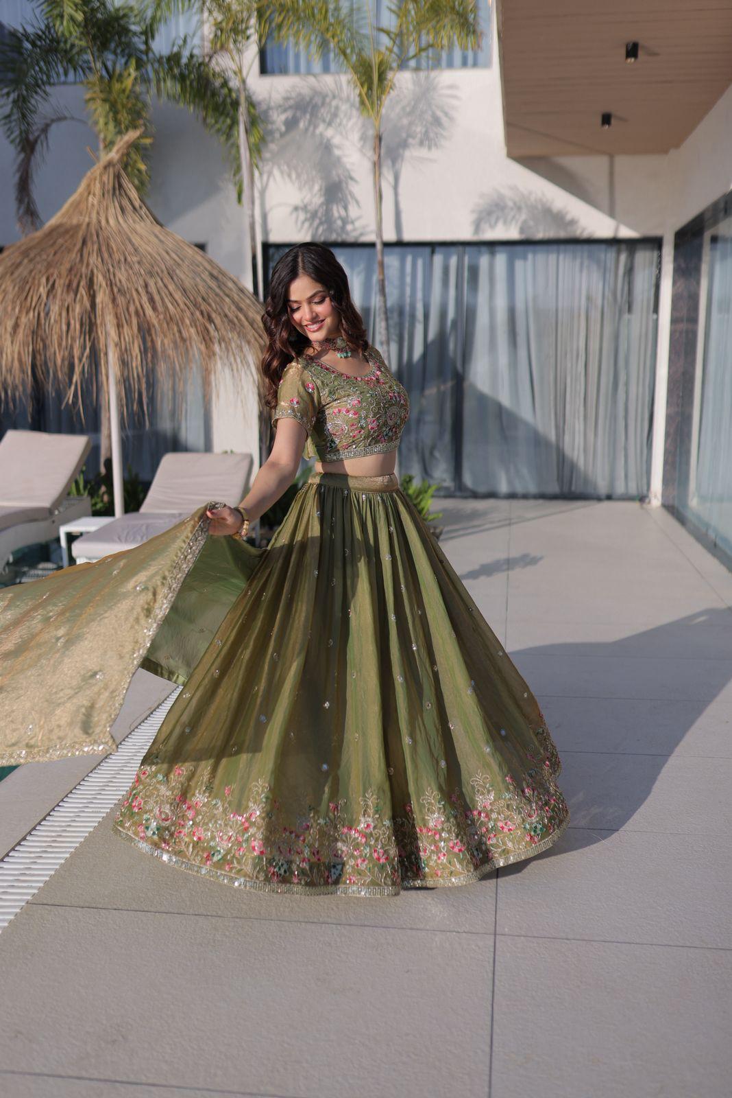 Olive Green Floral Embroidered Lehenga Set - Image 5