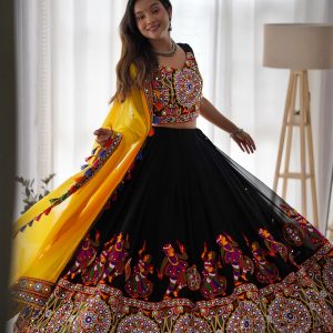 Black Navratri Chaniya Choli with Yellow Dupatta