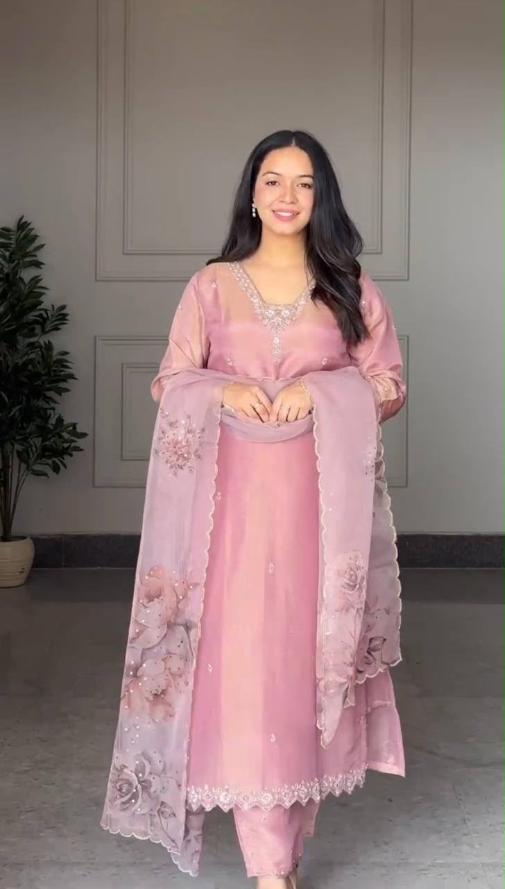 Elegant Blush Pink Embroidered Suit Set - Image 3