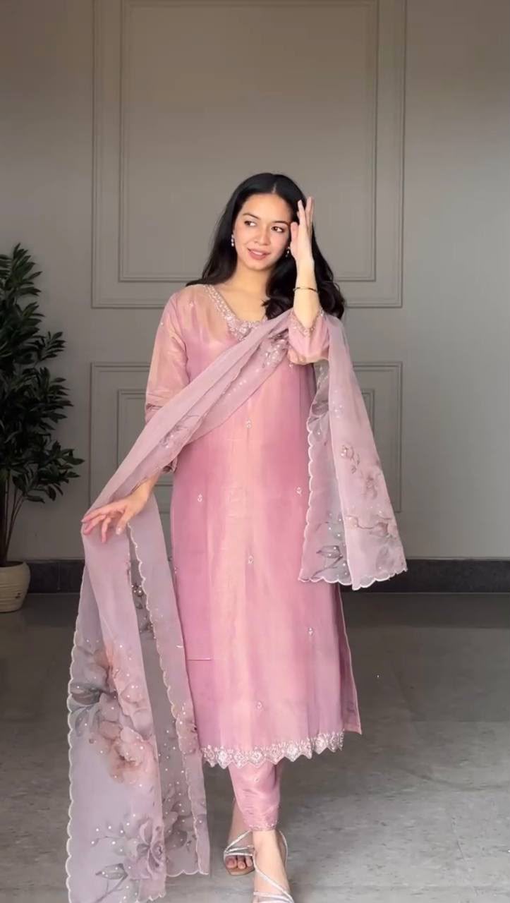 Elegant Blush Pink Embroidered Suit Set